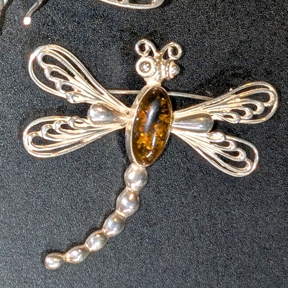 Silver and Amber Dragonfly Brooch Set